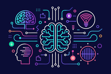 Explore the vibrant concept of artificial intelligence and innovation with a stylized brain and interconnected digital elements, symbolizing modern technology and bright ideas.