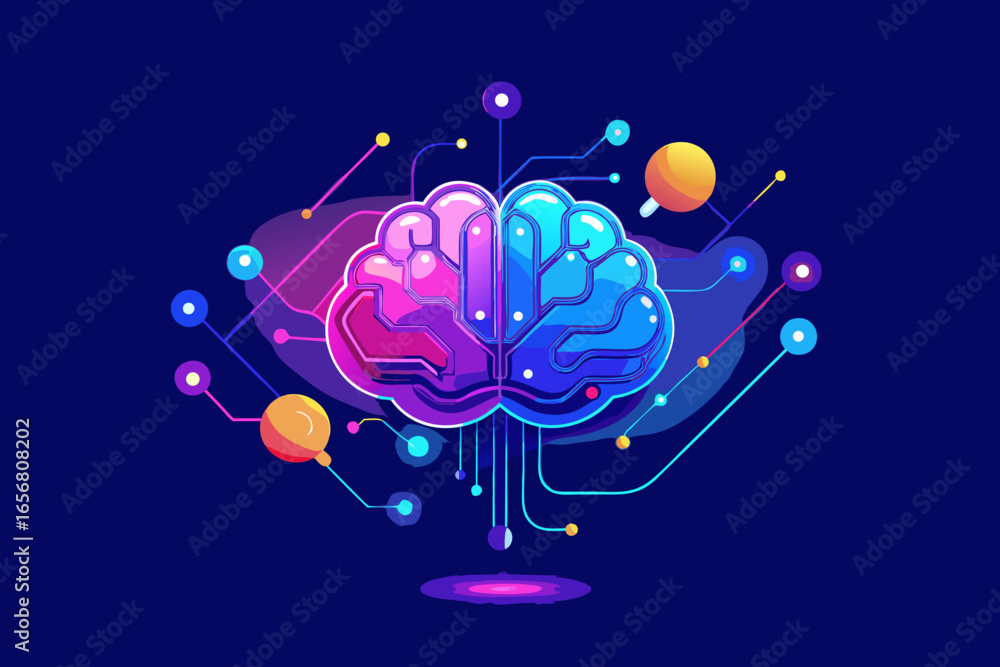 Poster vibrant ai brain illustration with glowing circuits and data connections, symbolizing artificial int