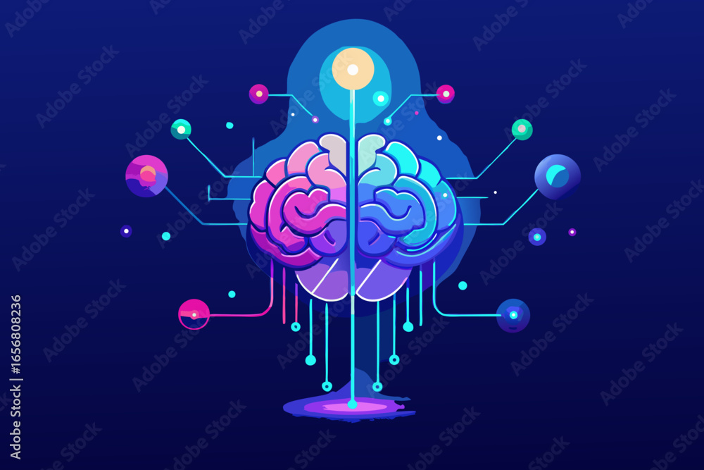 Poster innovative mind concept with vibrant digital connections and glowing data points illustrating artifi