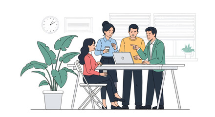 Flat illustration of diverse business team discussing project with laptop in modern office, symbolizing teamwork, collaboration, leadership, productivity, and corporate success strategy