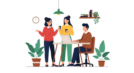 Flat illustration of confident business women working together in office meeting, symbolizing leadership, empowerment, collaboration, innovation, and modern workplace equality for female professionals