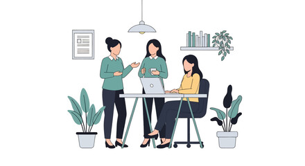 Flat illustration of confident business women working together in office meeting, symbolizing leadership, empowerment, collaboration, innovation, and modern workplace equality for female professionals