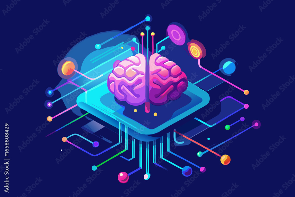 Poster vibrant digital brain concept with interconnected glowing lines and nodes, symbolizing ai innovation