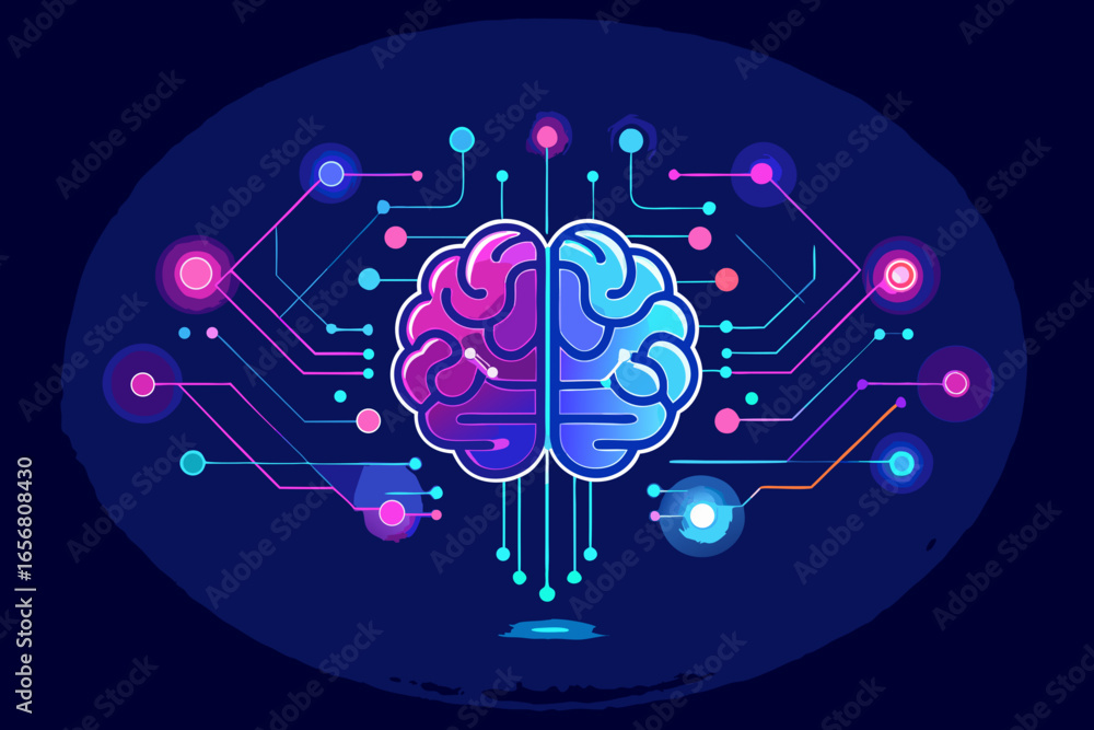 Poster vibrant digital brain with glowing neural network connections symbolizing artificial intelligence an
