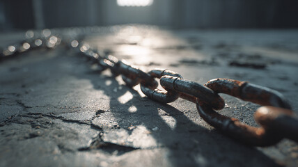 Close-up of a rusty chain on cracked concrete — metal texture, symbol of restraint, raw industrial aesthetic.