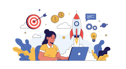 Flat illustration of businesswoman using laptop with rocket launch, money icons, target, and gears, symbolizing startup growth, business innovation, financial success, and entrepreneurship