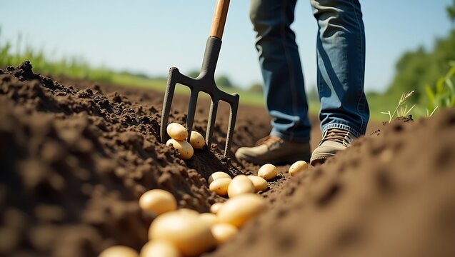 Harvesting potatoes farmer digging fresh potatoes in field agriculture - Powered by Adobe