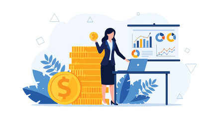 Flat illustration of businesswoman presenting financial data with charts, graphs, and coins, symbolizing investment, profit growth, money management, and successful business strategy