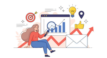 Flat illustration of businesswoman analyzing growth chart with magnifying glass, social media icons, email marketing, target, and innovation concept for modern business strategy