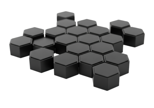 Cutting-edge matte black flexible organic polymer solar panels, hexagonal units in irregular organic cluster, tactile, isolated on transparent studio background, concept of sustainable innovation - Powered by Adobe