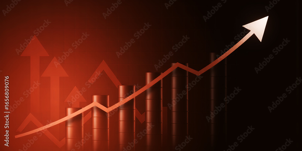 Poster illustration of an upward trend line with bar graph elements on a red and black background