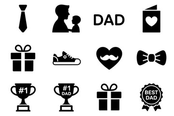 Father's day gift icons including hat, pipe, mug, heart, tools, glasses, tie, and mustache