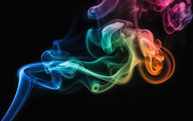 Fototapeta premium Rainbow colored smoke wisps on black background gradient