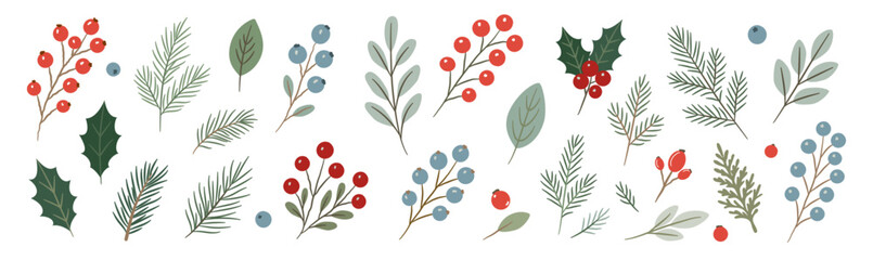 Hand-drawn winter botanical vector set with holly, pine branches, red berries, mistletoe and leaves. Flat modern Christmas clipart for holiday decoration and design.
