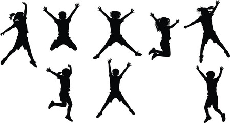 Vector silhouettes of happy kids jumping, children playing, active boys and girls in motion, fun, freedom, isolated on white background.