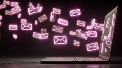 Fototapeta premium A laptop computer displays a vibrant array of glowing email symbols in a dark setting.