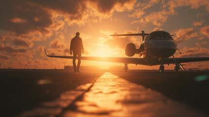 Elite Businessman Boarding Gulfstream G700 Private Jet with Polished Metallic Exterior Reflecting Sunset. Generative Ai