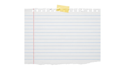 Torn lined notebook paper sheet with tape and black background