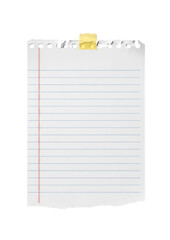 Torn lined paper page held with sticky note
