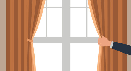 A hand pulls back a heavy, warm-toned curtain to reveal the bright daylight streaming through a large window, offering a glimpse of the outside world.