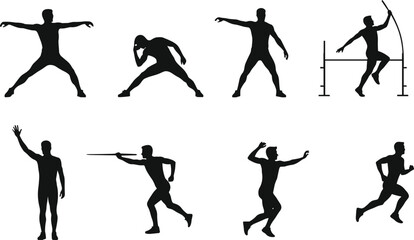 Vector silhouettes of male athletes performing javelin throw, sprint, discus, pole vault, training, dynamic poses, action, track and field