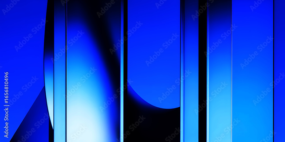 Poster abstract blue background with vertical lines and curved shapes creating a modern design