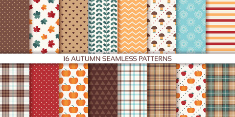 Autumn pattern. Seamless backgrounds with fall leaves, pumpkin, mushroom, dots, stripes, zigzag. Set autumnal textures. Seasonal geometric prints. Collection harvest wallpapers. Vector illustration.