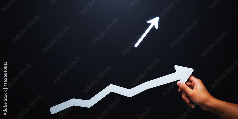 Poster hand holding white arrow pointing upwards with a line graph on a black background design