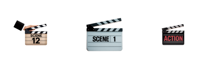 Film clapperboards with scene and action isolated on a transparent background