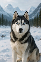 AI-generated image of a striking Siberian Husky sitting proudly in a snowy mountain landscape.