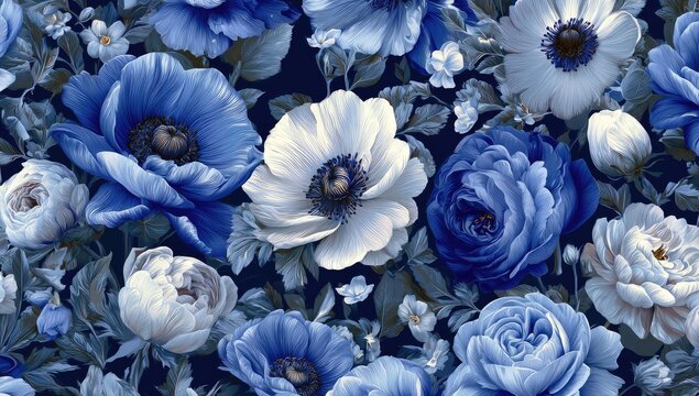 Detailed floral pattern of vibrant blue and white flowers - Powered by Adobe