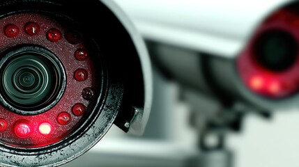 Close-up of a security camera, showcasing the intricate lens and glowing red indicator lights.