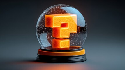 An orange question mark glows inside a snow globe, casting a warm light on the dark background.