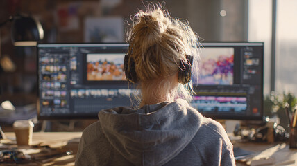 Female editor at a workstation edits video across dual monitors — post-production, timeline and color grading on display.