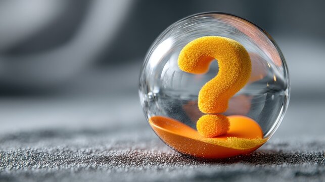 A translucent sphere, filled with a fluffy, orange question mark, rests on a gray surface, evoking a sense of mystery and contemplation. - Powered by Adobe