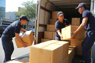 Three uniformed workers wearing caps carefully unload cardboard boxes from the back of a delivery truck on a sunny day