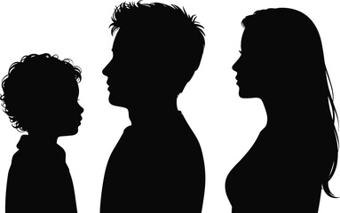 Silhouette of Family Members in Profile View, Child, Man, and Woman, Isolated on White Background, Unity, Love, Togetherness Concept