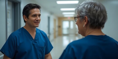 Obraz premium A surgeon in scrubs talking calmly with a patient before surgery