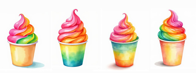 Rainbow sherbet swirl in paper cup with vibrant pink, orange, green and yellow layers, slightly melted with soft gloss, fun frozen dessert