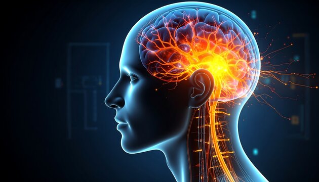 A detailed anatomical illustration of the human brain and nervous system, showcasing intricate neural pathways in vibrant hues. - Powered by Adobe