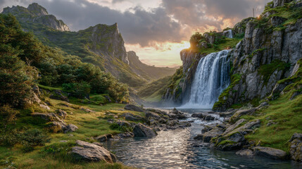 Majestic waterfall cascading down rocky cliffs into a serene river, surrounded by lush green hills and dramatic clouds at sunset, creating a breathtaking natural landscape