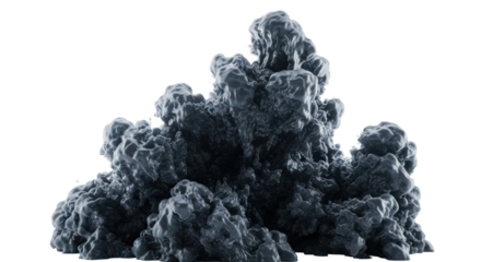 Turbulent volumetric deep metallic grey vapor expanding powerfully with angular formations against a stark transparent minimalist background, concept of controlled industrial chaos
