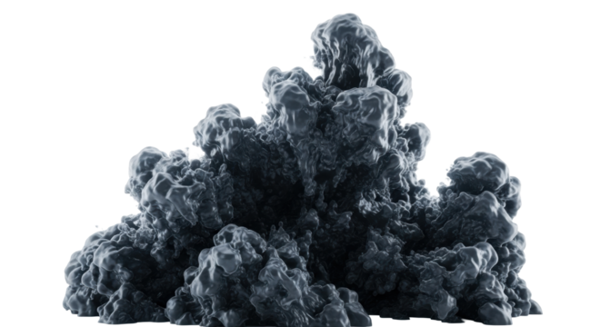 Turbulent volumetric deep metallic grey vapor expanding powerfully with angular formations against a stark transparent minimalist background, concept of controlled industrial chaos