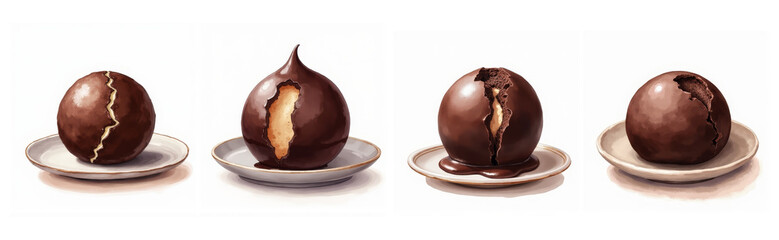 Obraz premium Dark chocolate ice cream sphere on small plate with soft sheen and cracked center, rich and creamy gourmet dessert