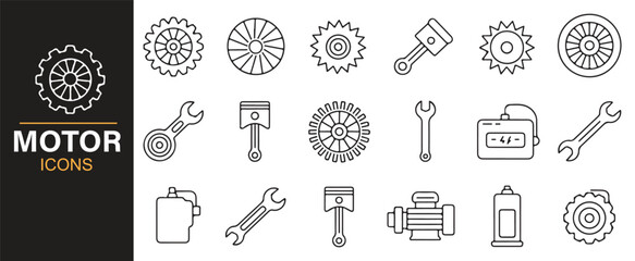 Icon set of gears, pistons, and tools for repair and engineering