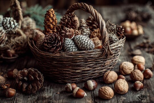 Rustic basket filled with pine cones, nuts, and natural elements arranged on a wooden surface in warm autumn light Generative AI