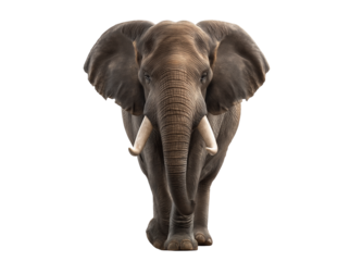 vFront view of an elephant walking, white background, photorealistic, clip art style, isolated on white background, high resolution, no shadow