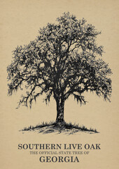 Georgia State Tree Southern live oak Wall art Poster, Illustration For Wall Hanging Home Decoration Vintage  Wall Art, Us State Poster