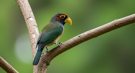Obraz premium A vibrant toucan barbet perched on a branch, showcasing its colorful plumage and sharp beak.