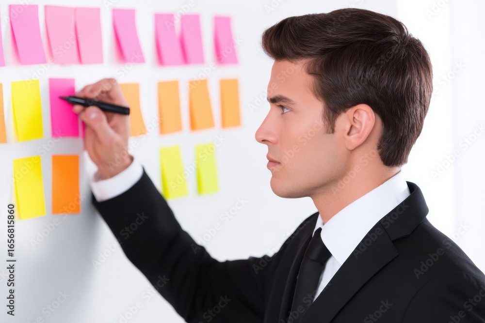 Poster a man in a suit writes on a colorful sticky note board, symbolizing brainstorming and organization i